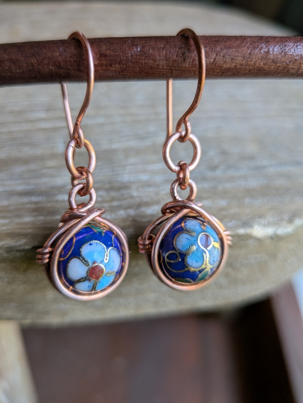Copper Wrapped Cloisonne Earrings- Colorful Flower Blossom Details - Picture 11 of 12